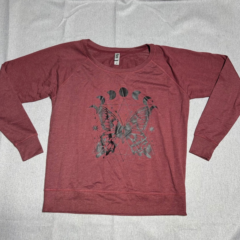 Instant Message Ladies Butterfly Moon Phase Sweatshirt 2XL Burgundy Celestial